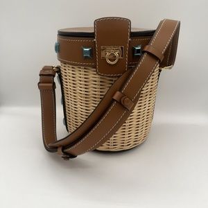 Salvatore Ferragamo Wicker Bucket Bag w/ studded leather MSRP $2300